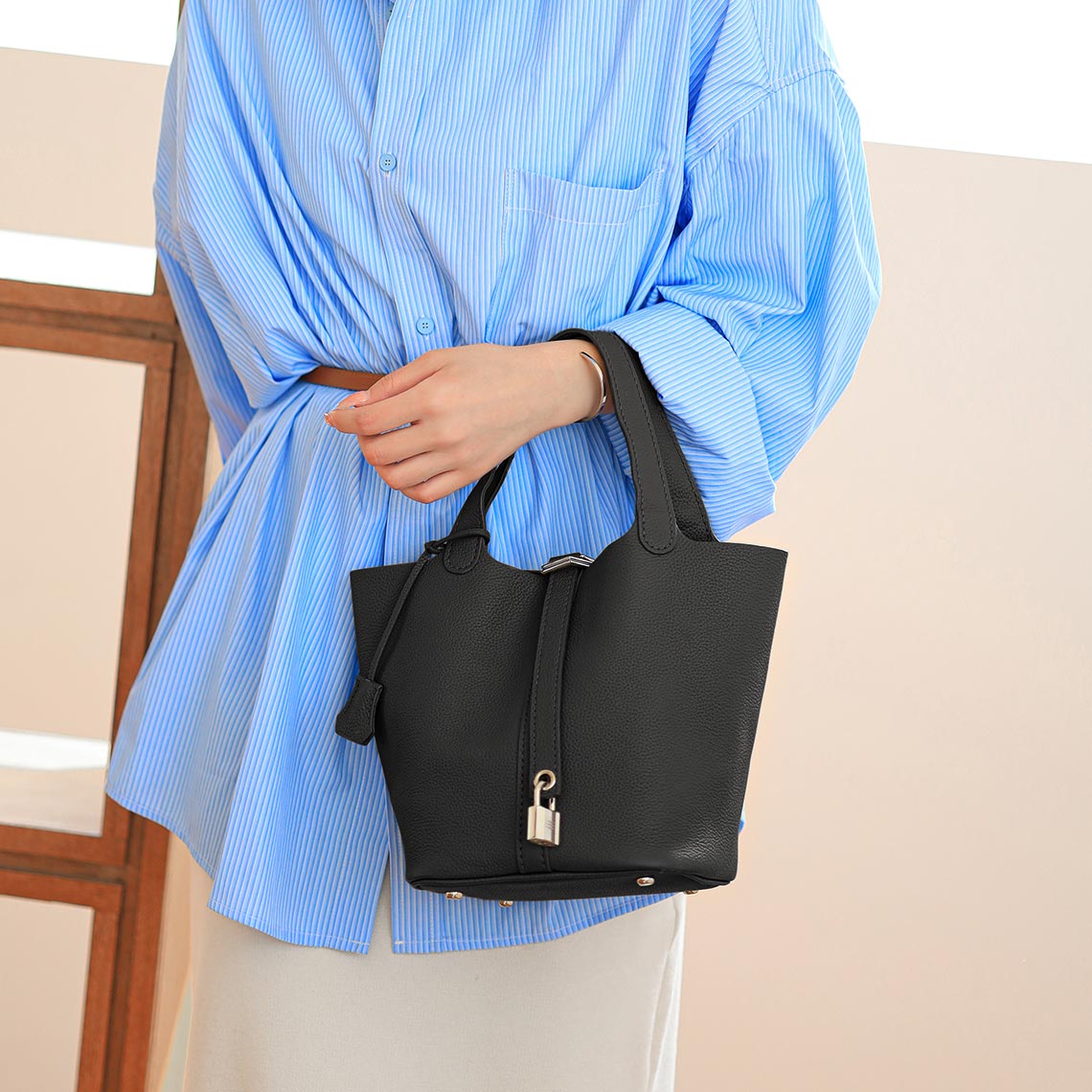 CUCUBIRD Top Grain Leather Lady Picotin Lock Totes Bag DIY Kit Black 