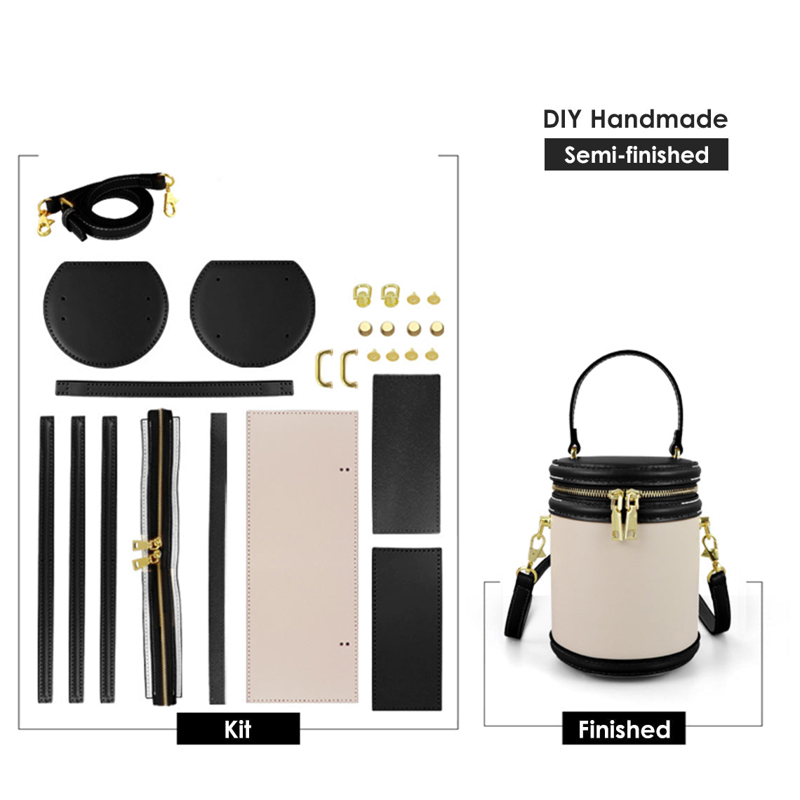 CUCUBIRD Leather Dustbag Recycle Round Bag DIY Kits Black - Black Thread 