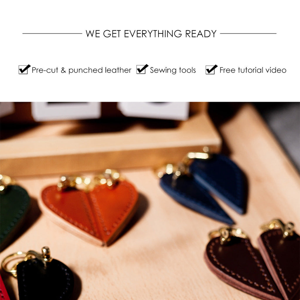 CUCUBIRD Vegetable Tanned Leather Valentine Heart Keychain DIY Kits  
