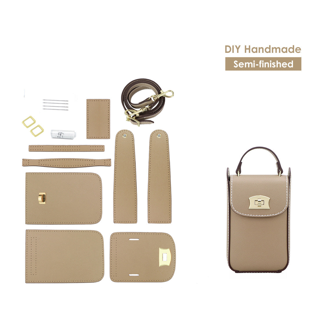 CUCUBIRD Top Grain Leather Cell Phone Bag DIY Kits Beige 