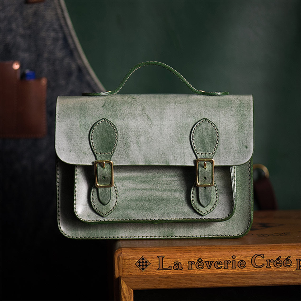 CUCUBIRD Vegetable Tanned Leather Satchel Crossbody Bag DIY Kits Green - Waxy Leather 