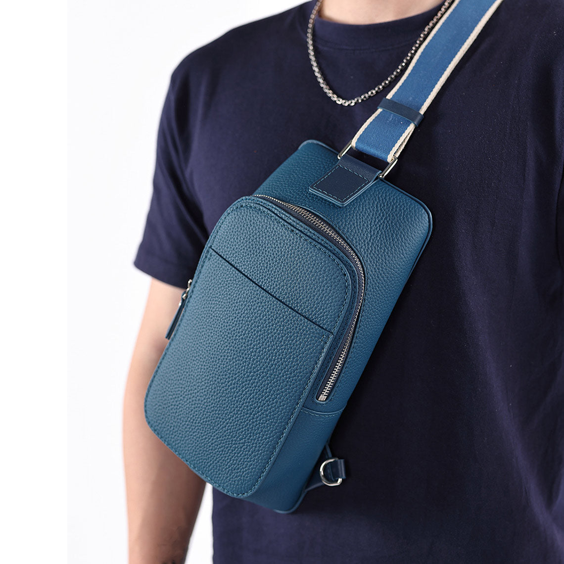 CUCUBIRD Top Grain Leather Men Fanny Pack Waist Bag DIY Kit Blue 