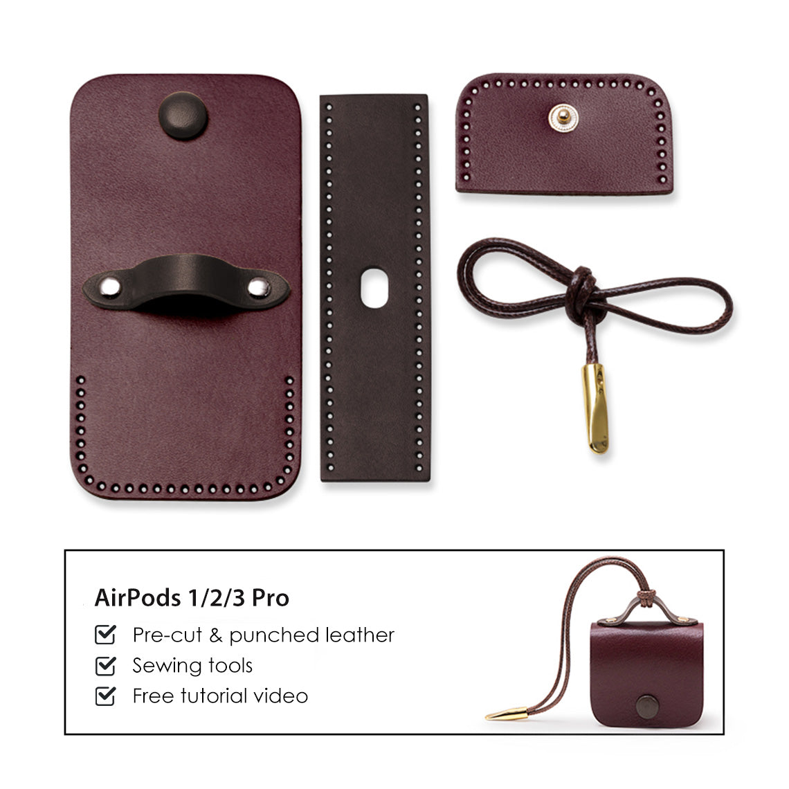 CUCUBIRD Full Grain Leather Bi-color AirPods 1/2/3 Pro Holder DIY Kits AirPods 3 / Wine 