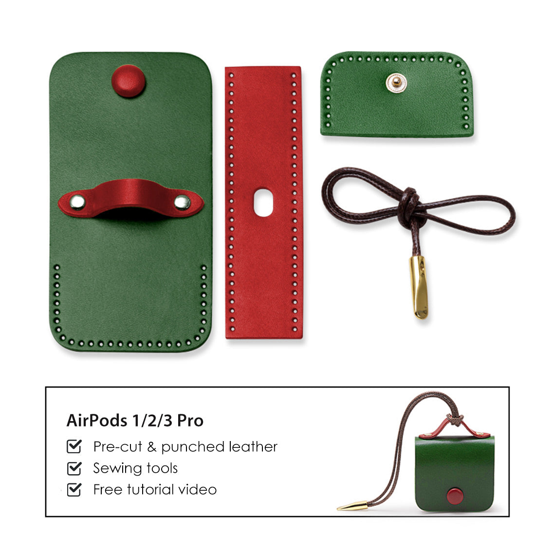 CUCUBIRD Full Grain Leather Bi-color AirPods 1/2/3 Pro Holder DIY Kits AirPods 3 / Green 