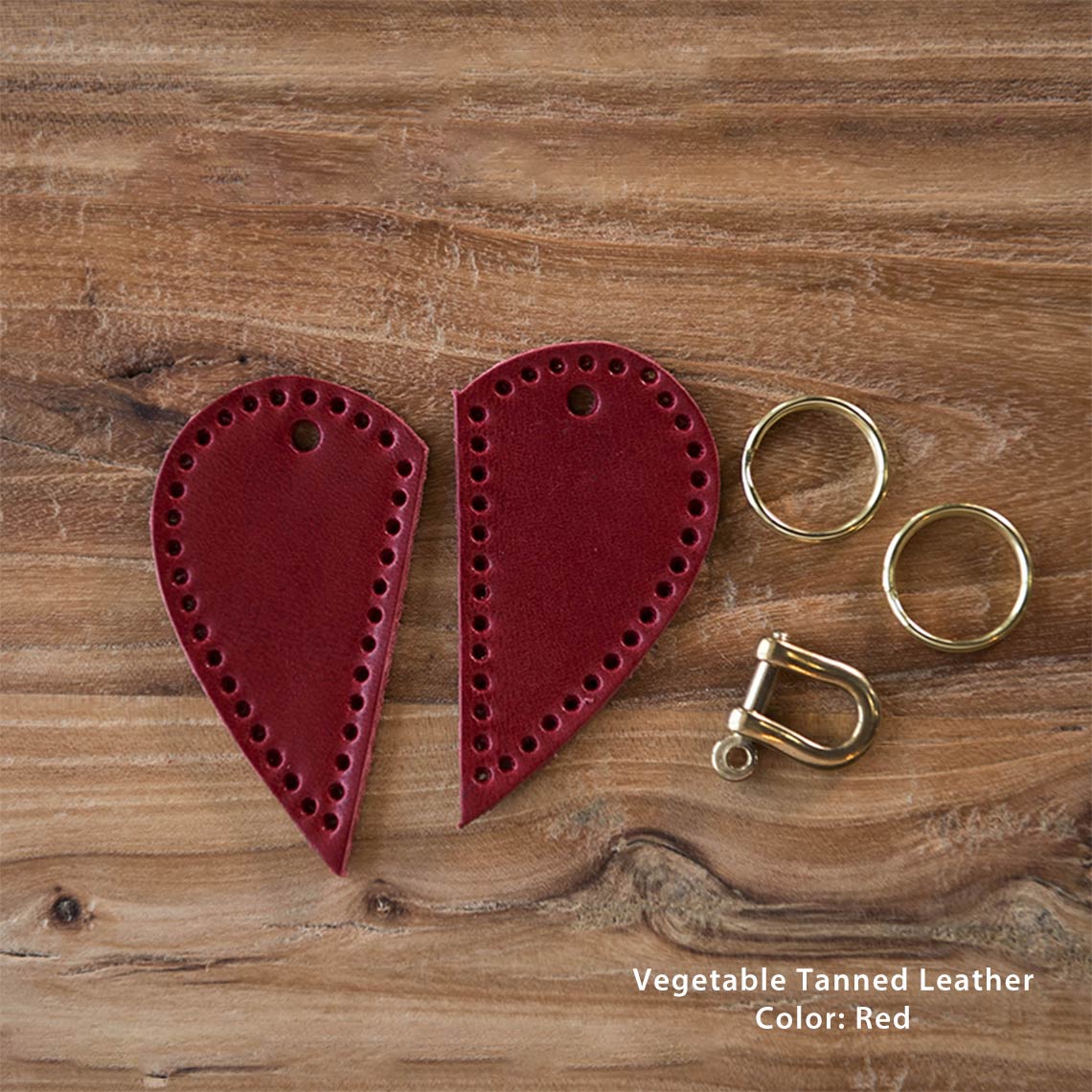 CUCUBIRD Leather Couple Loving Heart Keychain DIY Kits One Heart / Vegetable Tanned Leather - Red 