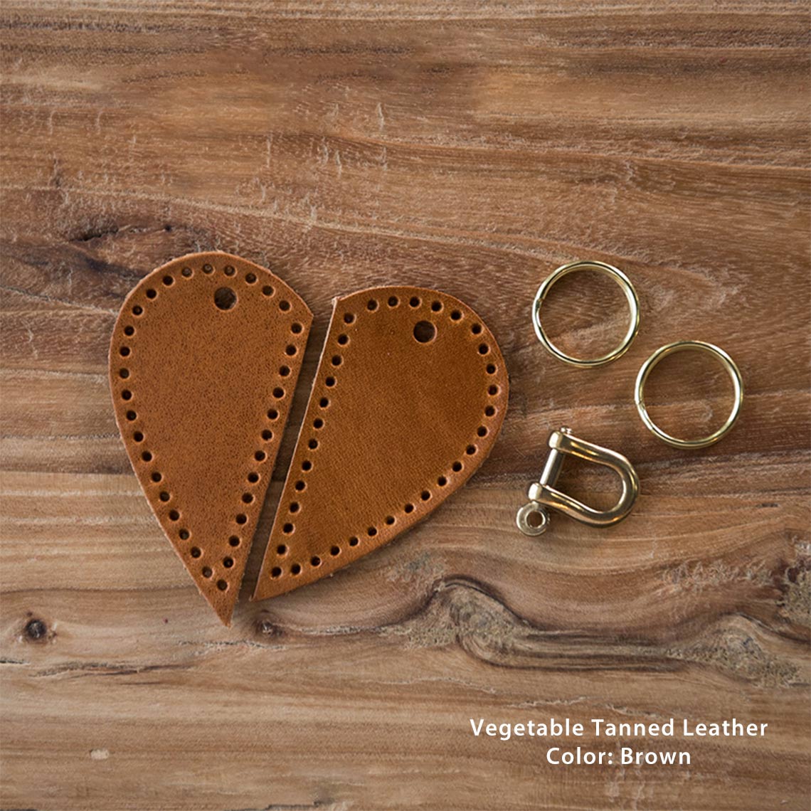 CUCUBIRD Leather Couple Loving Heart Keychain DIY Kits One Heart / Vegetable Tanned Leather - Brown 