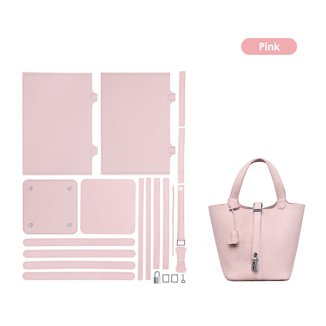 CUCUBIRD Top Grain Leather Lady Picotin Lock Totes Bag DIY Kit Pink 