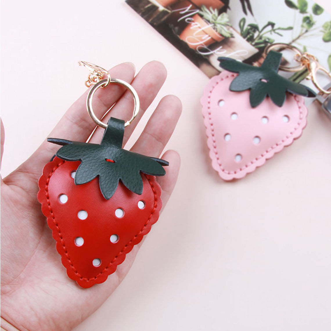 CUCUBIRD Leather Strawberry Keychain DIY Kit Pink 