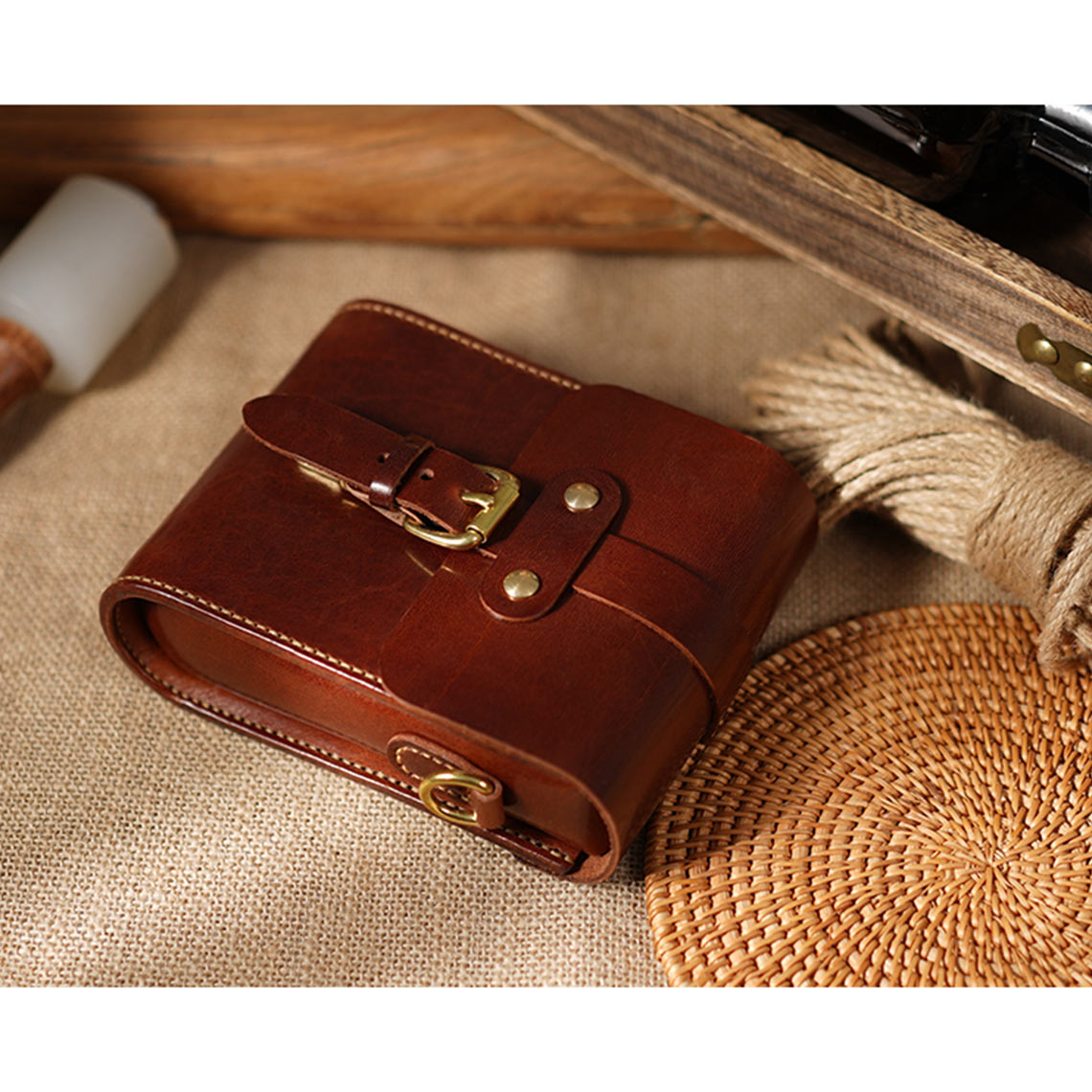 CUCUBIRD Full Grain Leather Vintage Phone Bag DIY Kits Coffee Brown 