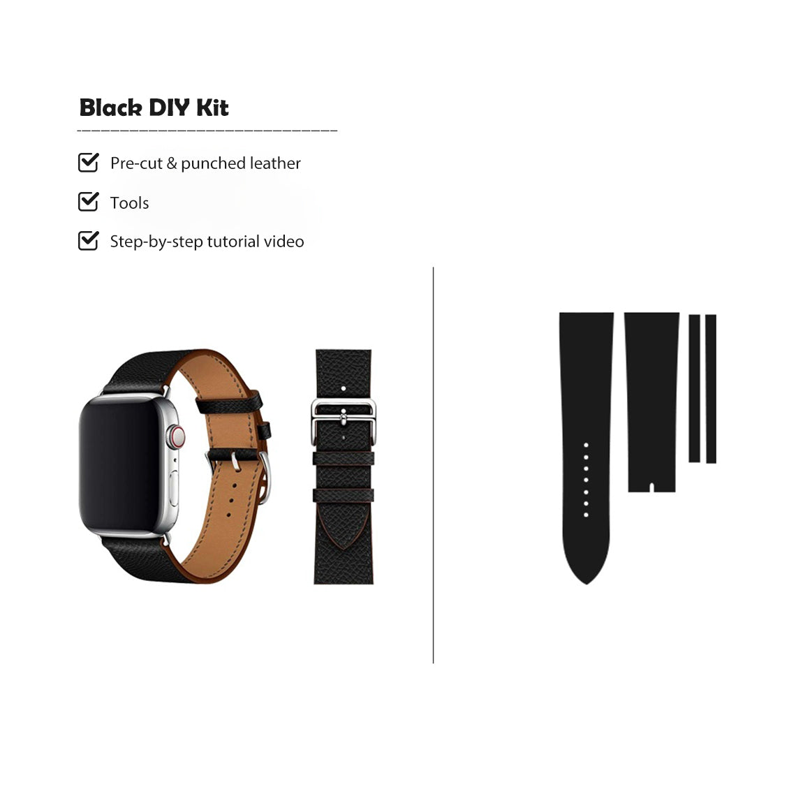 CUCUBIRD Top Grain Leather Apple Watch Band DIY Kits L 42/44/45 mm / Black - Presell 