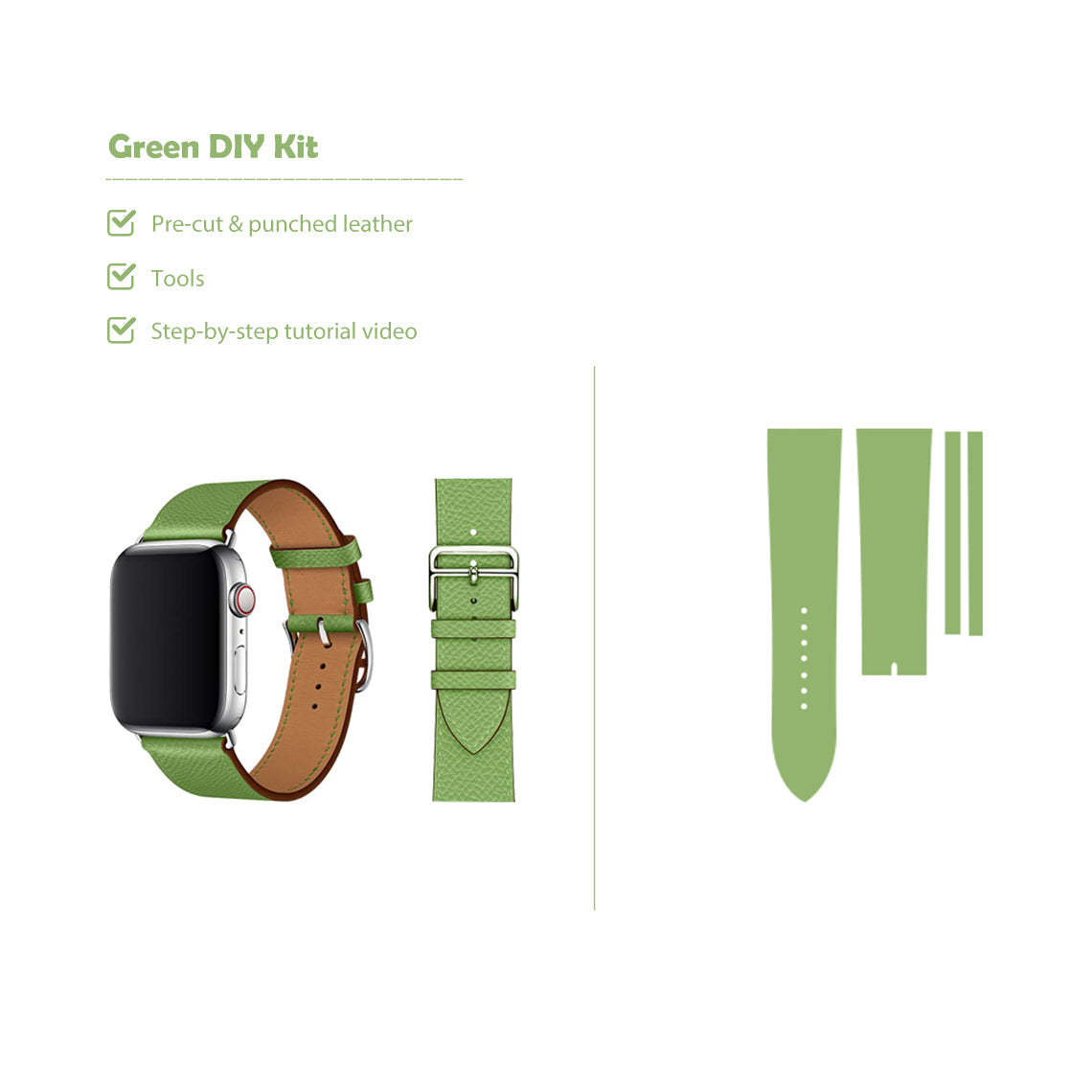 CUCUBIRD Top Grain Leather Apple Watch Band DIY Kits L 42/44/45 mm / Green - Presell 