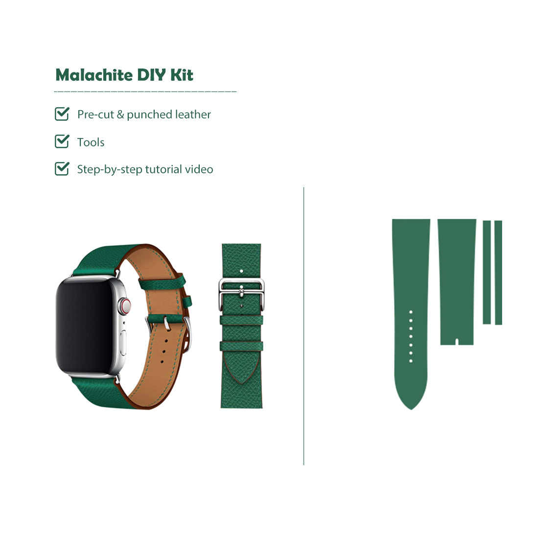 CUCUBIRD Top Grain Leather Apple Watch Band DIY Kits L 42/44/45 mm / Malachite - Presell 