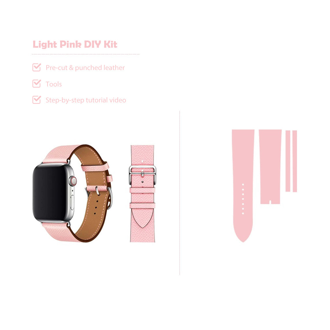 CUCUBIRD Top Grain Leather Apple Watch Band DIY Kits L 42/44/45 mm / Light Pink - Presell 