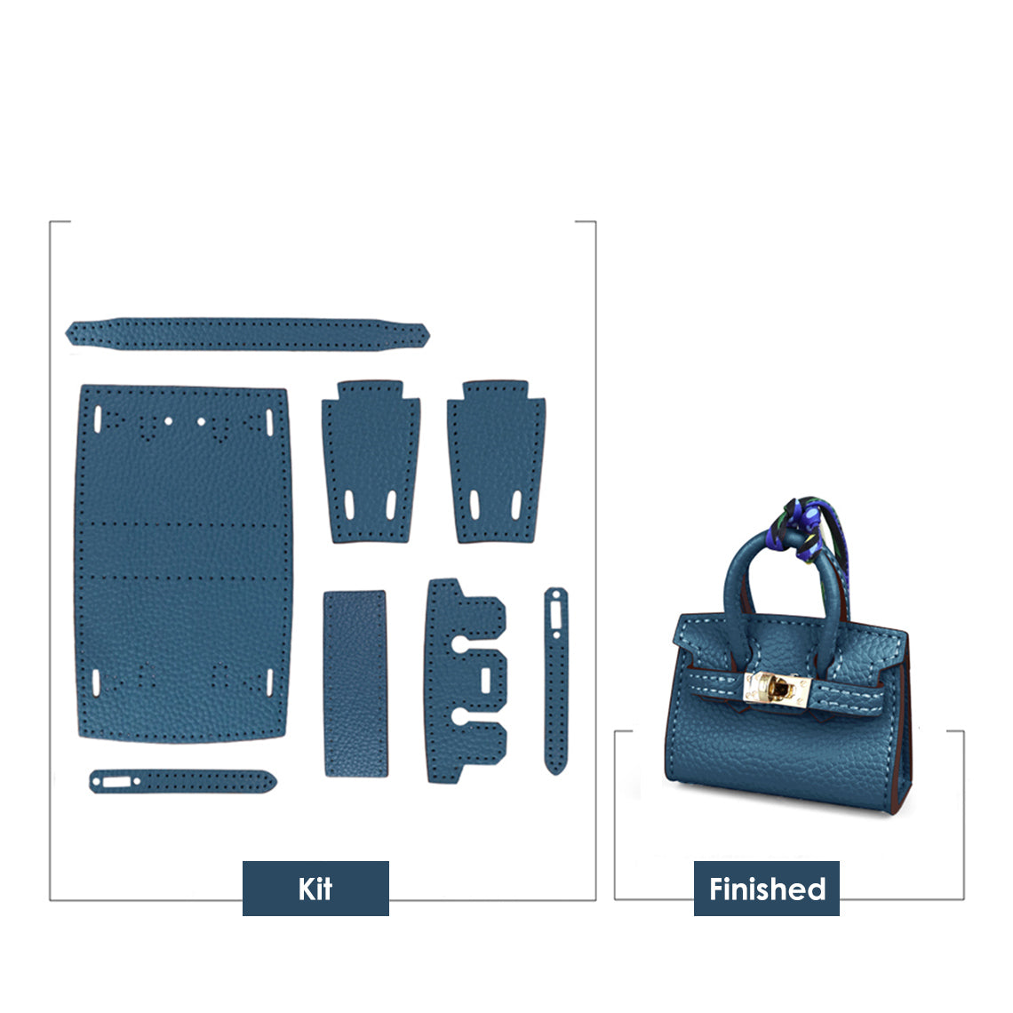 CUCUBIRD Top Grain Leather Mini Birkin Bag Charm DIY Kit Navy blue 