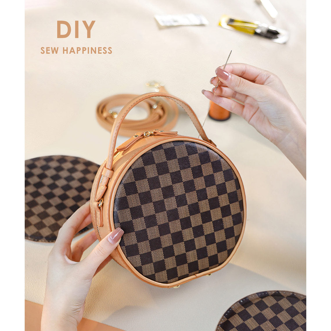 Top Grain Leather Checker Mini Round Bag DIY Kit - CUCUBIRD