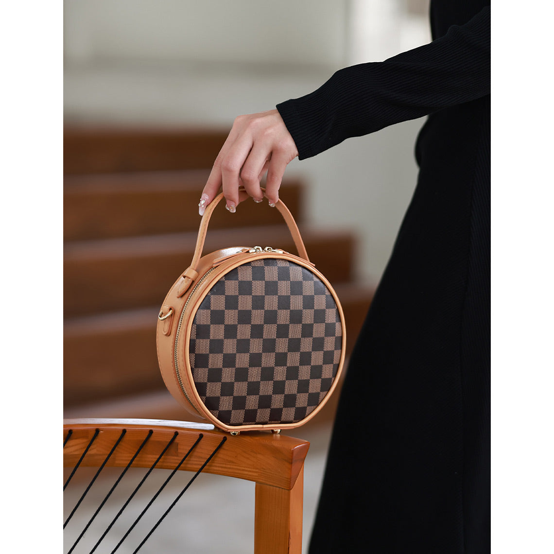 Top Grain Leather Checker Mini Round Bag DIY Kit - CUCUBIRD