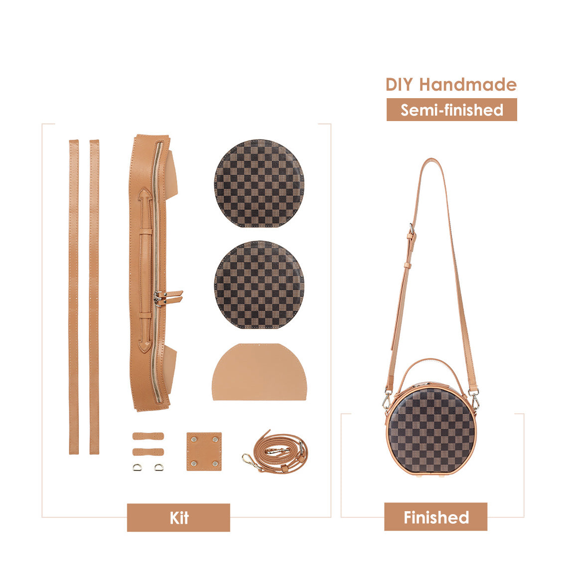 Top Grain Leather Checker Mini Round Bag DIY Kit - CUCUBIRD