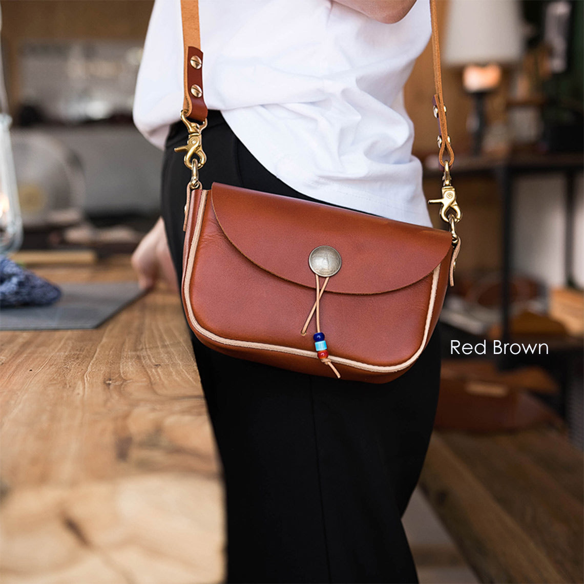 CUCUBIRD Full Grain Leather Vintage Crossbody Bag DIY Kit Red Brown 