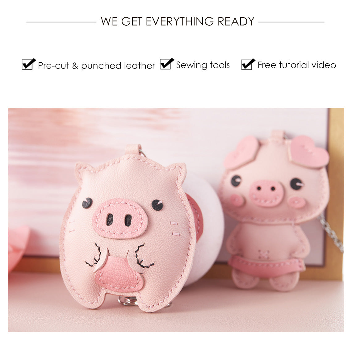 CUCUBIRD Sheep Leather Pink Piggy Keychain DIY Kit  